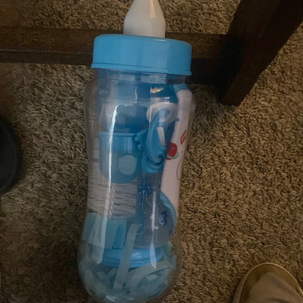 Baby bottle piggy bank with 2 bottles, bottle cleaner, food jar baby spoon bib